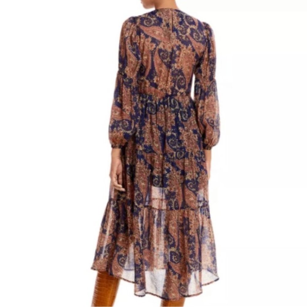Aqua Navy and Brown Paisley Long Sleeve Midi Dress - Picture 2 of 7